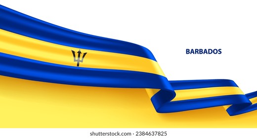 Barbados 3D ribbon flag. Bent waving 3D flag in colors of the Barbados national flag. National flag background design.