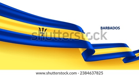 Barbados 3D ribbon flag. Bent waving 3D flag in colors of the Barbados national flag. National flag background design.