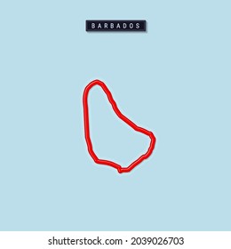 Barbados bold outline map. Glossy red border with soft shadow. Country name plate. Vector illustration.