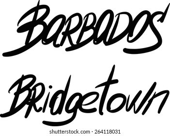 Barbados, Bridgetown, hand-lettered Country and Capital, handmade calligraphy, vector
