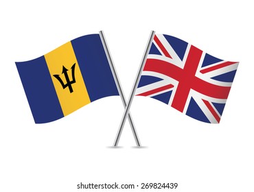 Barbados and Britain crossed flags. Barbadian and British flags on white background. Vector icon set. Vector illustration.