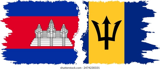 Barbados and Cambodia grunge flags connection, vector