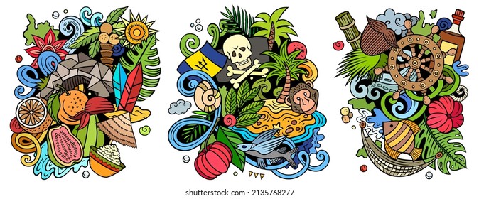 Barbados cartoon vector doodle designs set. Colorful detailed compositions with lot of traditional symbols. Isolated on white illustrations