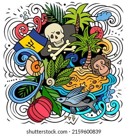 El doodle vectorial de Barbados ilumina símbolos tradicionales. Objetos y símbolos de Barbados