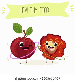Barbados cherry Red acerola cherry fruits. Natural vitamin antioxidant detox food collection. Vector hand drawn illistration.