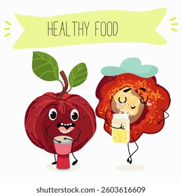 Barbados cherry Red acerola cherry fruits. Natural vitamin antioxidant detox food collection. Vector hand drawn illistration.