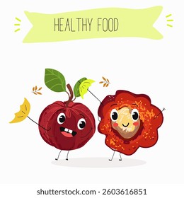 Barbados cherry Red acerola cherry fruits. Natural vitamin antioxidant detox food collection. Vector hand drawn illistration.