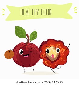 Barbados cherry Red acerola cherry fruits. Natural vitamin antioxidant detox food collection. Vector hand drawn illistration.