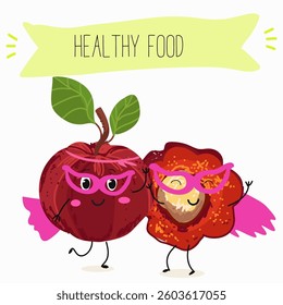 Barbados cherry Red acerola cherry fruits. Natural vitamin antioxidant detox food collection. Vector hand drawn illistration.