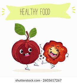 Barbados cherry Red acerola cherry fruits. Natural vitamin antioxidant detox food collection. Vector hand drawn illistration.
