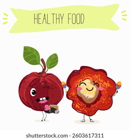 Barbados cherry Red acerola cherry fruits. Natural vitamin antioxidant detox food collection. Vector hand drawn illistration.