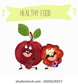 Barbados cherry Red acerola cherry fruits. Natural vitamin antioxidant detox food collection. Vector hand drawn illistration.