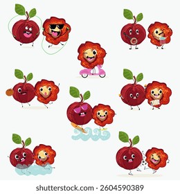Barbados cherry Red acerola cherry fruits. Natural vitamin antioxidant detox food collection. Vector hand drawn illistration.