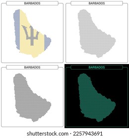 Barbados Circular Mosaic Brick Dotted Map, Set of National Flag Color, Black Silhouette Country Boundary Isolated on White Background, Geographic Vector Illustration