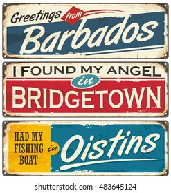 Barbados cities and travel destinations. Retro souvenirs collection on old damaged background with places to visit on Barbados. Vacation theme.