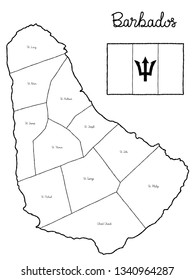 Barbados Country Map Flag Vector Illustration Hand Drawn Cartoon Art