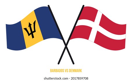 Banderas de Barbados y Dinamarca Cruzadas y ondeando estilo plano. Proporción oficial. Colores correctos.