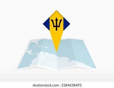 Barbados is depicted on a folded paper map and pinned location marker with flag of Barbados. Folded vector map.