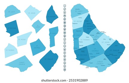 Barbados - mapa detalhado do país em cores azuis, dividido em regiões. Ícones infográficos. Ilustração vetorial.