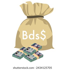 Barbados Dollar Vector Illustration. Barbadian money set bundle banknotes. Money bag 100 BBD. Flat style. Isolated on white background. Simple minimal design.