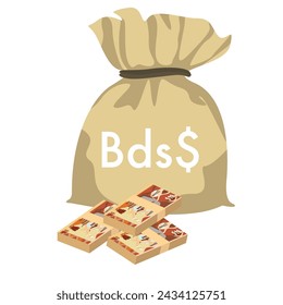 Barbados Dollar Vector Illustration. Barbadian money set bundle banknotes. Money bag 10 BBD. Flat style. Isolated on white background. Simple minimal design.