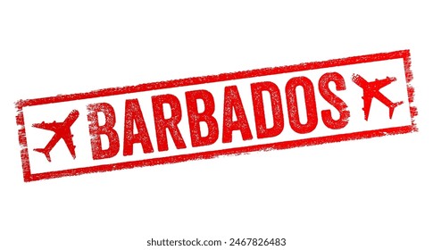 Barbados es una isla del Caribe oriental y una nación independiente de la Commonwealth británica, sello de texto con el emblema del avión