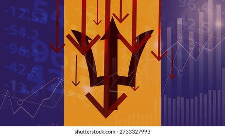 Colapso económico de Barbados, valores crecientes con cubos, declive financiero, crisis y concepto de rebaja, bandera de Barbados con flecha ascendente, símbolo del dólar USD, falla y disminuye