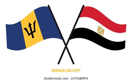 Banderas de Barbados y Egipto cruzadas y ondeando estilo plano. Proporción oficial. Colores correctos.