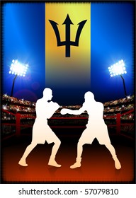 Barbados Flag with Boxer on Stadium Background Original Illustration