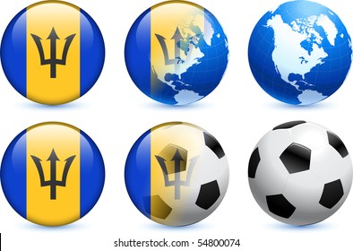 Barbados Flag Button with Global Soccer Event Original Illustration