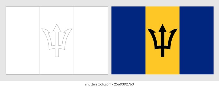 Barbados flag - coloring page. Set of white wireframe thin black outline flag and original colored flag.