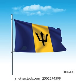 Barbados flag flying on blue sky, vector illustation.