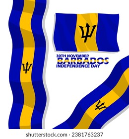 Bandera de Barbados ondeando con cintas y texto en negrita sobre fondo blanco para conmemorar el Día de la Independencia de Barbados el 30 de noviembre