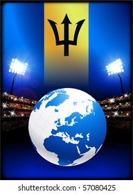 Barbados Flag with Globe on Stadium Background Original Illustration