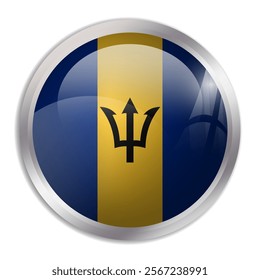 Barbados flag - glossy circle button displays a colorful flag representing a country cultural identity and heritage. The essence of national pride and unity.