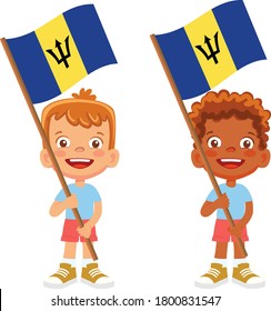 Barbados flag in hand. Children holding flag. National flag of Barbados vector