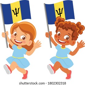 Barbados flag in hand. Children holding flag. National flag of Barbados vector