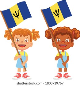 Barbados flag in hand. Children holding flag. National flag of Barbados vector