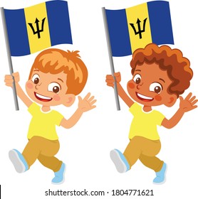 Barbados flag in hand. Children holding flag. National flag of Barbados vector