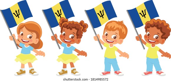 Barbados flag in hand. Children holding flag. National flag of Barbados vector