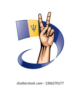 Barbados flag and hand on white background. Vector illustration