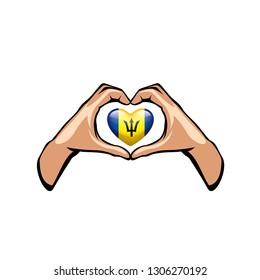 Barbados flag and hand on white background. Vector illustration