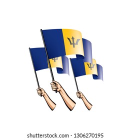 Barbados flag and hand on white background. Vector illustration