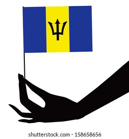 Barbados flag in his hand. Vector illustration.