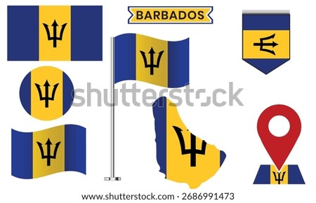 Barbados Flag Icon Set, Vector Map, Badge, Pin Waving Flag Collection.