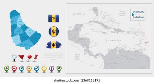 Iconos de bandera, mapa y navegación de Barbados. Conjunto de ilustraciones de vector