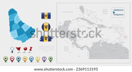 Barbados flag, map and navigation icons. Vector illustration set