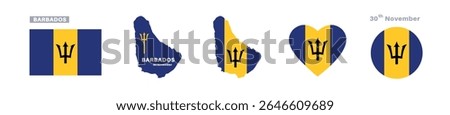 barbados flag and map set. barbados flag in official colors and proportions. independence day 30 november, map, circle and heart shaped barbados