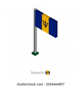 Barbados Flag on Flagpole in Isometric dimension. Isometric blue background. Vector illustration.