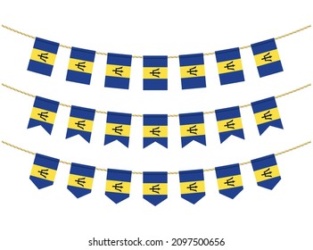 Barbados flag on the ropes on white background. Set of Patriotic bunting flags. Bunting decoration of Barbados flag